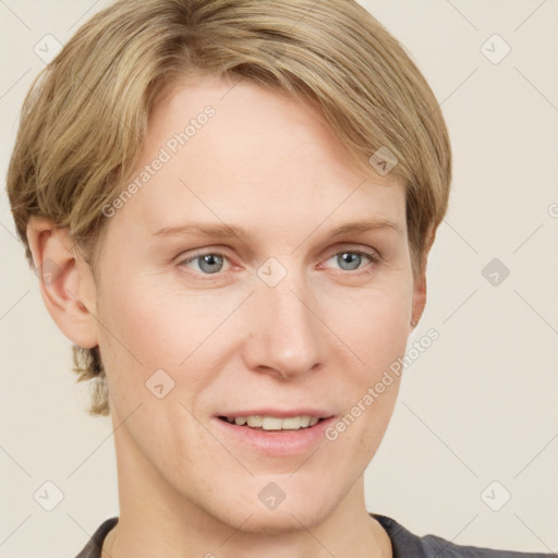 Joyful white young-adult female with short  brown hair and grey eyes