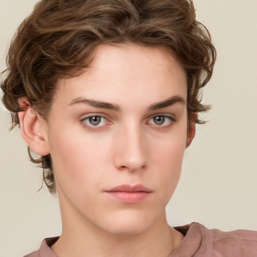 Neutral white young-adult female with short  brown hair and brown eyes