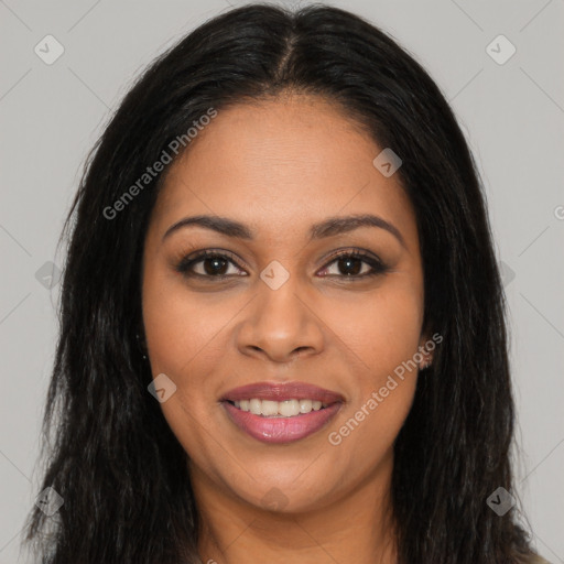 Joyful latino young-adult female with long  brown hair and brown eyes