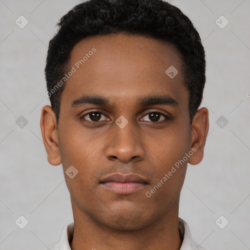 Neutral black young-adult male with short  black hair and brown eyes