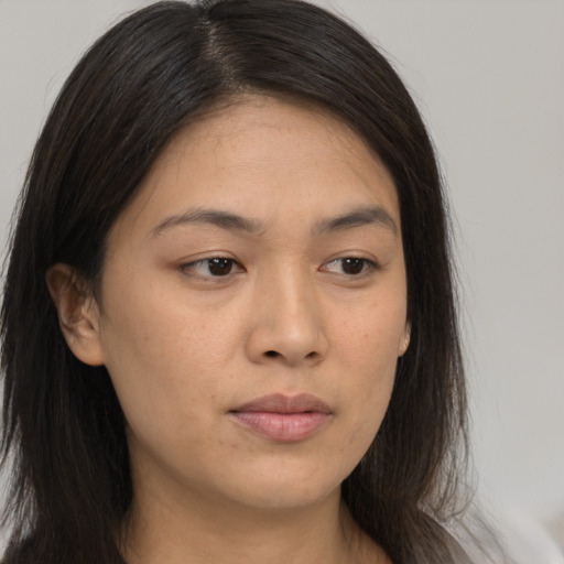 Neutral asian young-adult female with long  brown hair and brown eyes