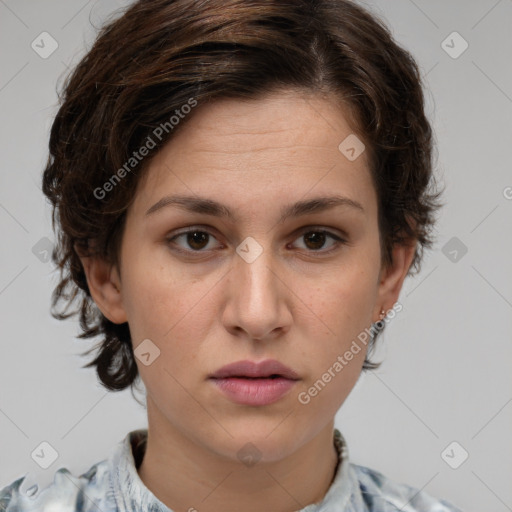 Neutral white young-adult female with medium  brown hair and brown eyes