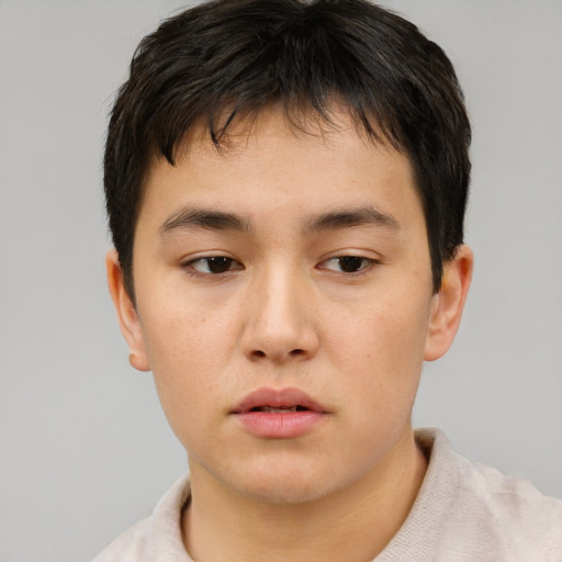 Neutral asian young-adult male with short  brown hair and brown eyes