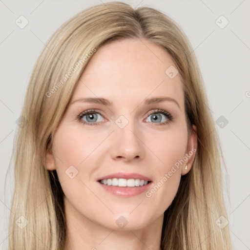 Joyful white young-adult female with long  brown hair and blue eyes