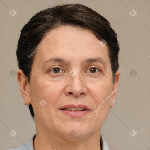 Joyful white adult female with short  brown hair and grey eyes