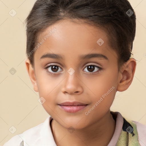 Joyful white child female with short  brown hair and brown eyes