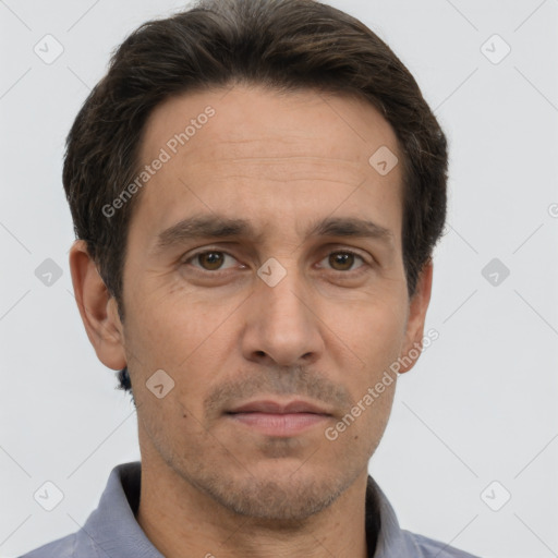 Neutral white adult male with short  brown hair and brown eyes