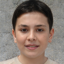 Joyful white child female with short  brown hair and brown eyes