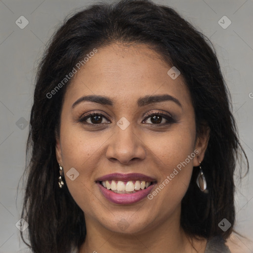 Joyful latino young-adult female with long  brown hair and brown eyes