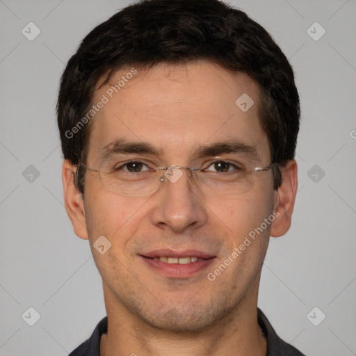 Joyful white young-adult male with short  black hair and brown eyes