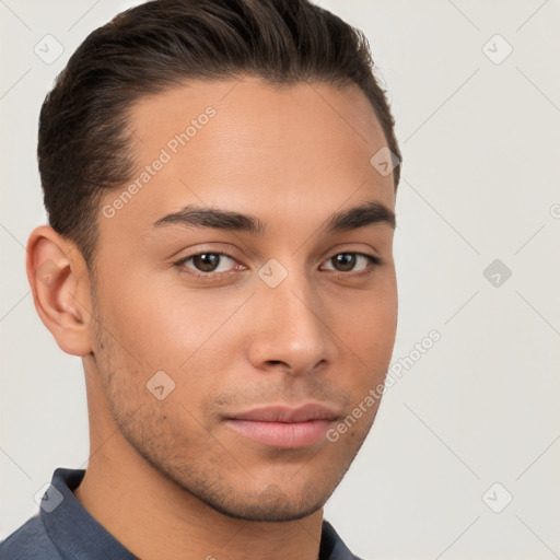 Neutral white young-adult male with short  brown hair and brown eyes