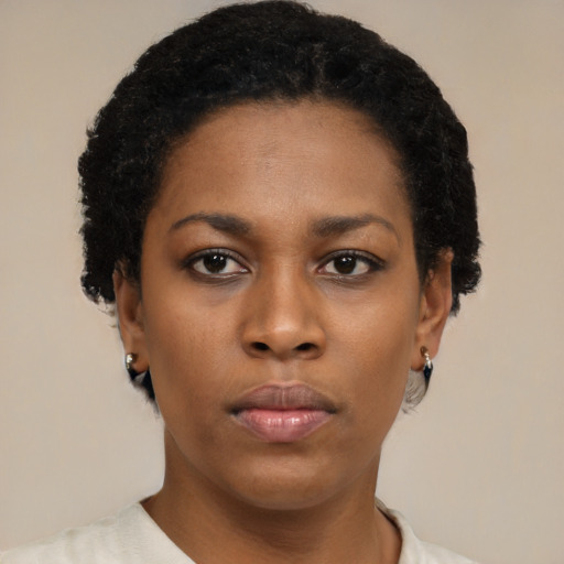 Neutral black young-adult female with short  black hair and brown eyes
