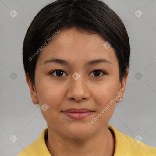 Joyful asian young-adult female with short  brown hair and brown eyes