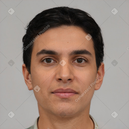 Neutral latino young-adult male with short  black hair and brown eyes