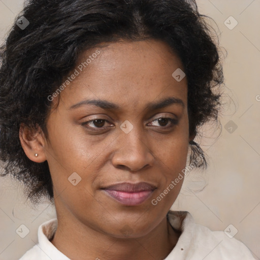 Joyful black adult female with medium  brown hair and brown eyes