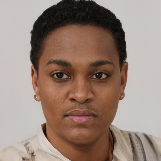 Neutral black young-adult female with short  black hair and brown eyes