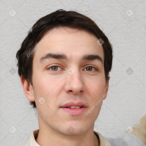 Neutral white young-adult male with short  brown hair and brown eyes