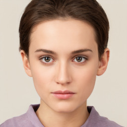 Neutral white young-adult female with short  brown hair and brown eyes