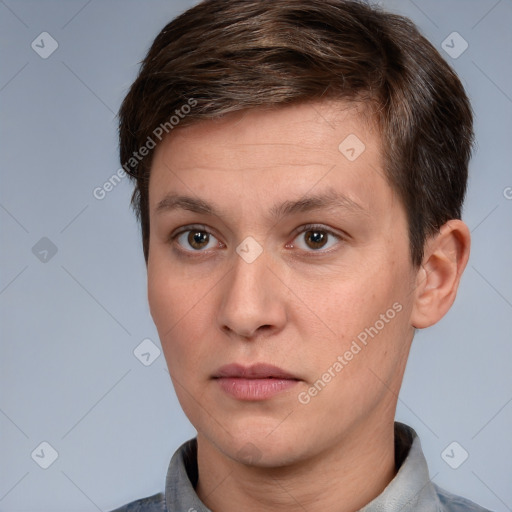 Neutral white young-adult male with short  brown hair and brown eyes