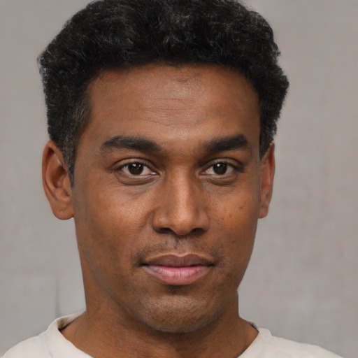 Neutral black young-adult male with short  black hair and brown eyes
