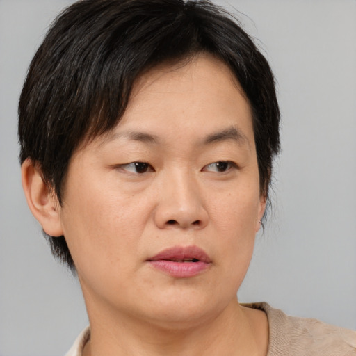Neutral asian young-adult female with short  brown hair and brown eyes