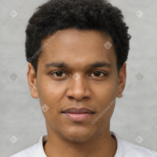 Joyful black young-adult male with short  brown hair and brown eyes