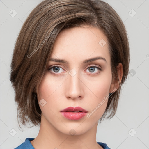 Neutral white young-adult female with medium  brown hair and grey eyes