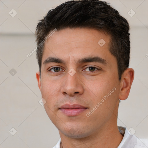 Neutral white young-adult male with short  brown hair and brown eyes