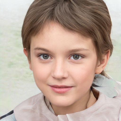 Joyful white child female with short  brown hair and brown eyes