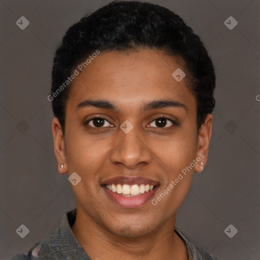 Joyful latino young-adult female with short  black hair and brown eyes