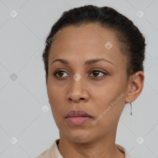 Neutral black adult female with short  brown hair and brown eyes