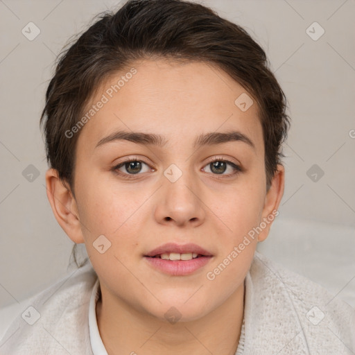 Joyful white young-adult female with medium  brown hair and brown eyes