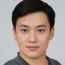 Neutral asian young-adult male with short  black hair and brown eyes