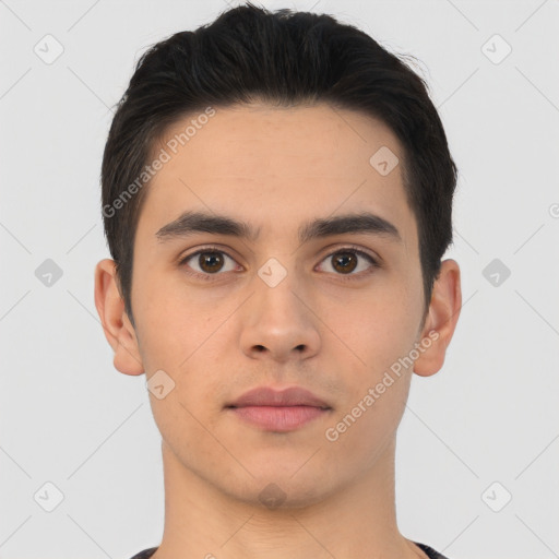 Neutral asian young-adult male with short  brown hair and brown eyes