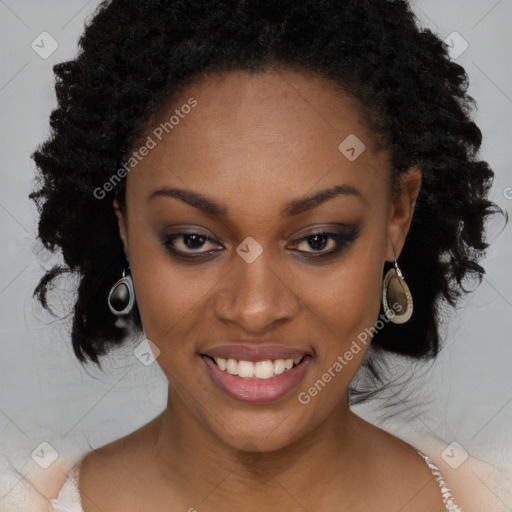 Joyful black young-adult female with long  brown hair and brown eyes