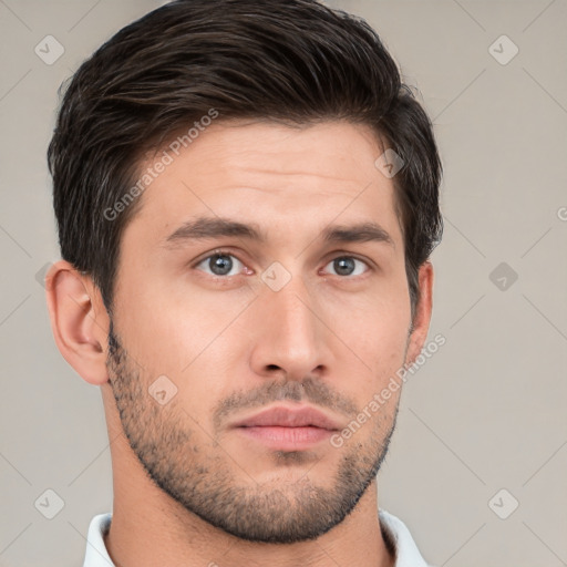 Neutral white young-adult male with short  brown hair and brown eyes