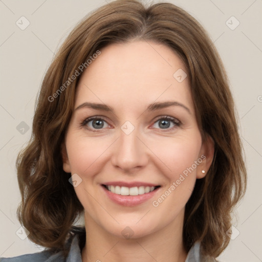 Joyful white young-adult female with medium  brown hair and green eyes