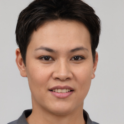Joyful white young-adult female with short  black hair and brown eyes