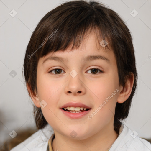 Joyful white child female with medium  brown hair and brown eyes