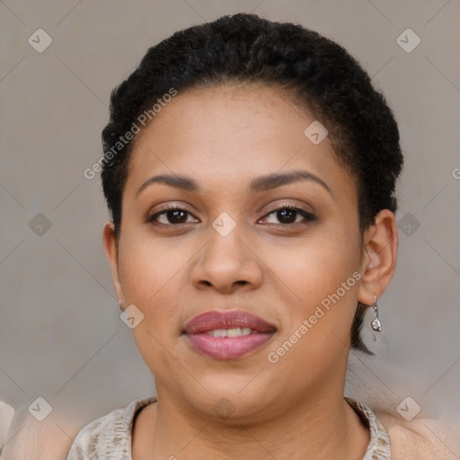 Joyful latino young-adult female with short  brown hair and brown eyes