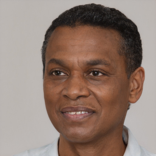 Joyful black adult male with short  black hair and brown eyes