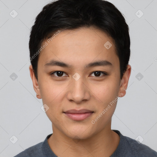 Joyful asian young-adult male with short  black hair and brown eyes