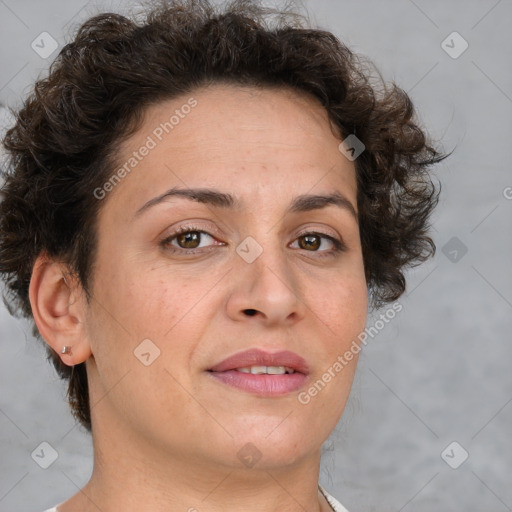 Joyful white adult female with short  brown hair and brown eyes