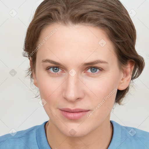 Joyful white young-adult female with medium  brown hair and blue eyes