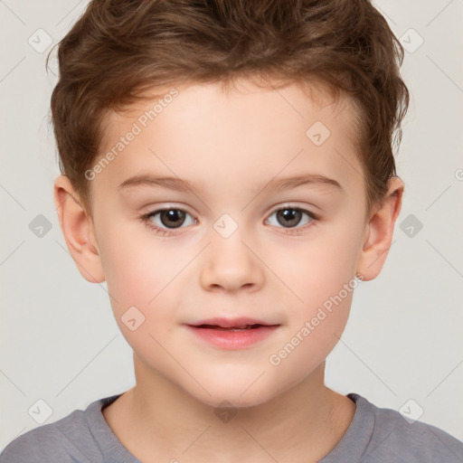 Joyful white child male with short  brown hair and brown eyes