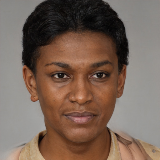 Joyful latino young-adult female with short  black hair and brown eyes