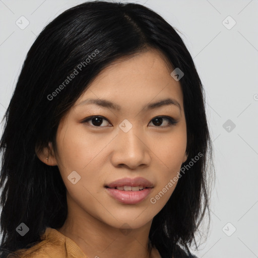 Joyful asian young-adult female with medium  black hair and brown eyes