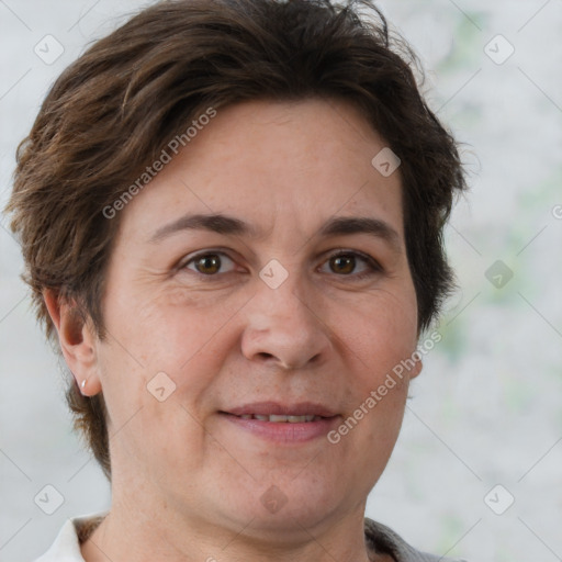 Joyful white adult female with short  brown hair and brown eyes