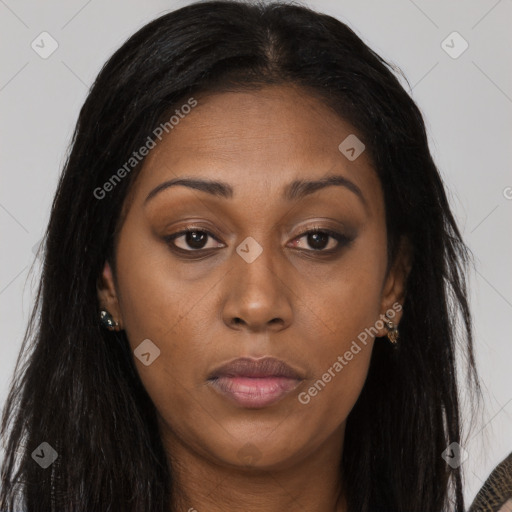 Joyful asian young-adult female with long  brown hair and brown eyes