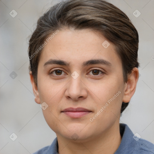 Joyful white young-adult female with short  brown hair and brown eyes